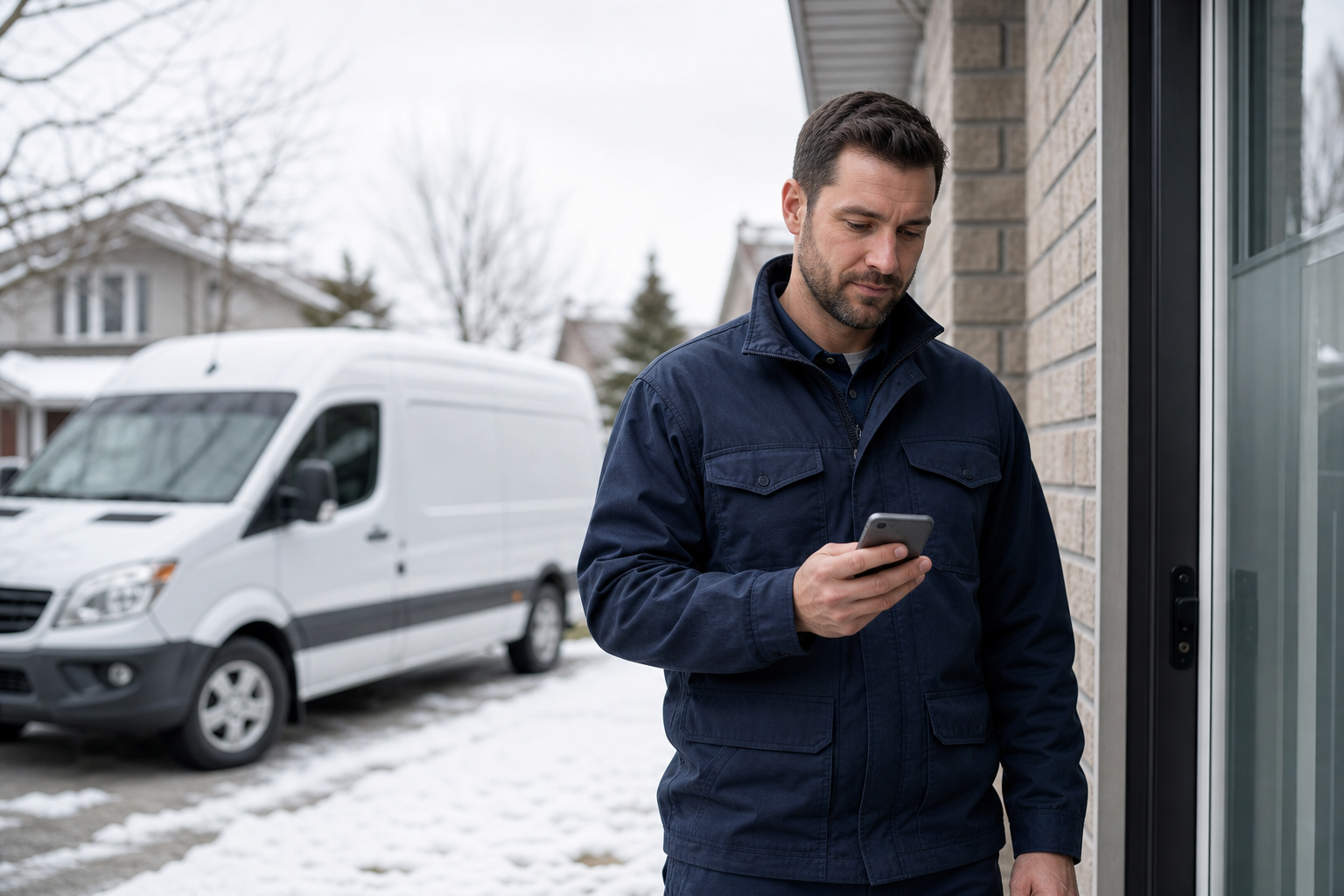 A technician at a customer door, texting from the company number